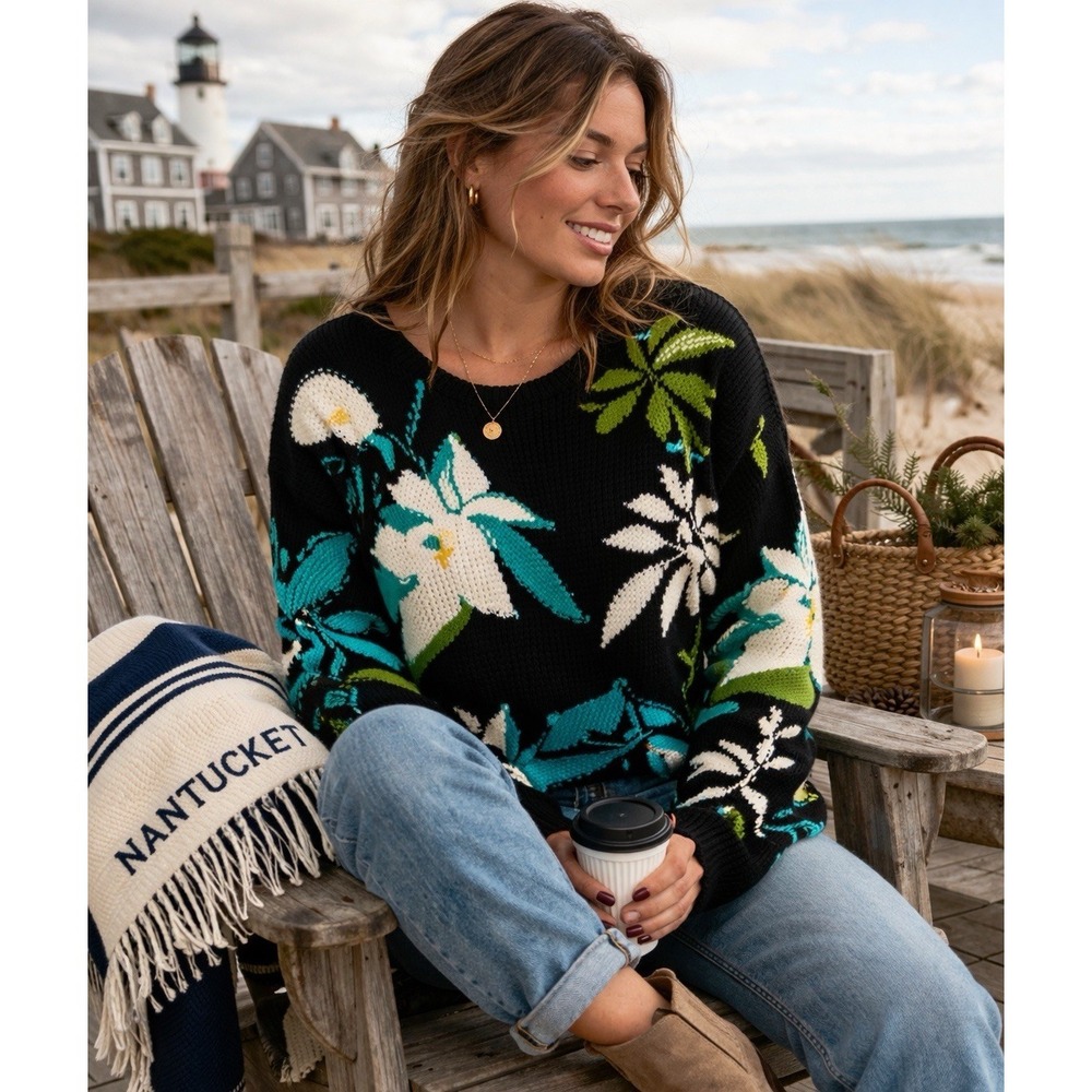 Belle Isle Intarsia Floral Sweater XL Black Chunky‎ Knit Coastal Boho Tunic